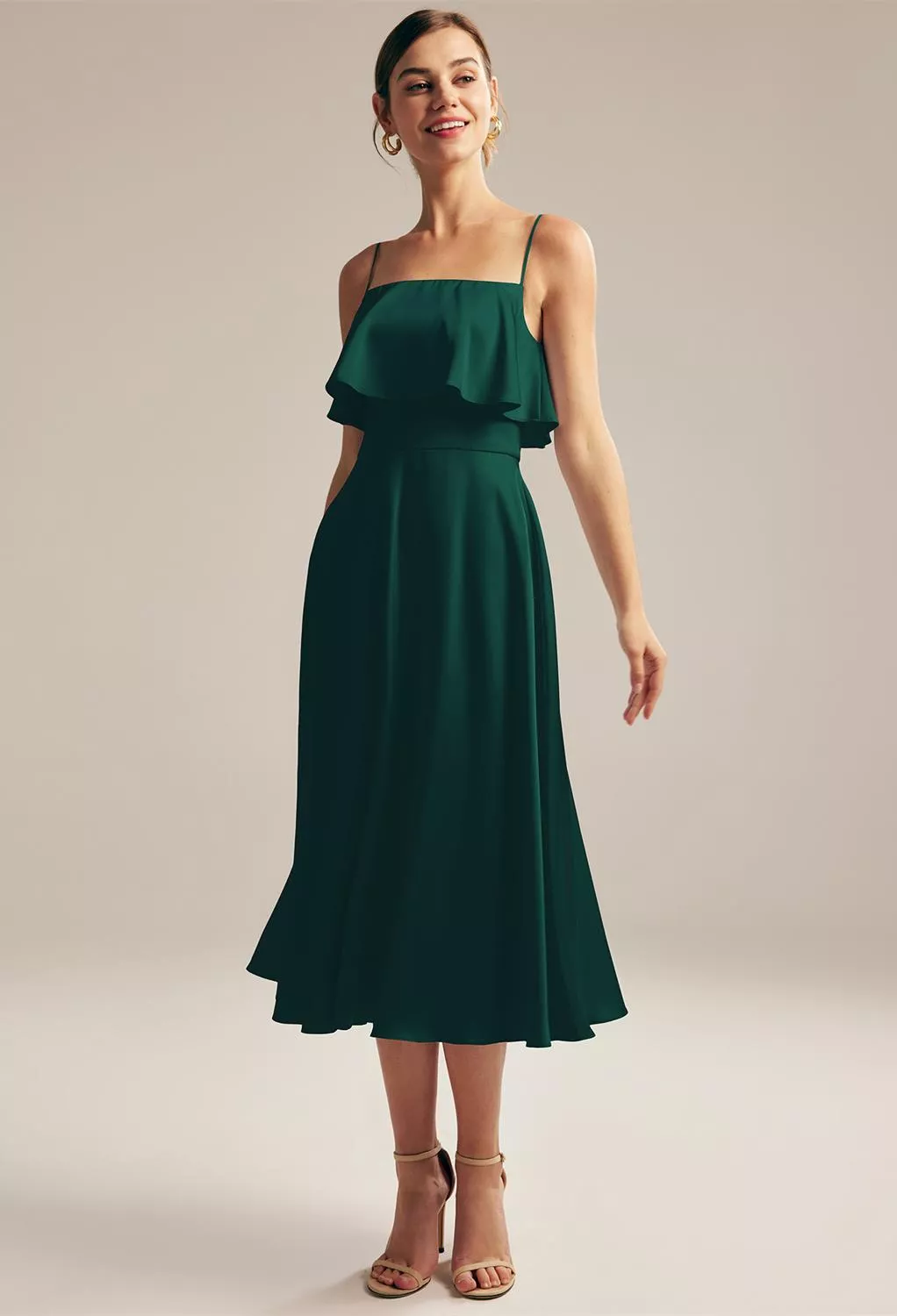 makeup that goes with green dress Wrenley Satin Ruffle Midi Dress