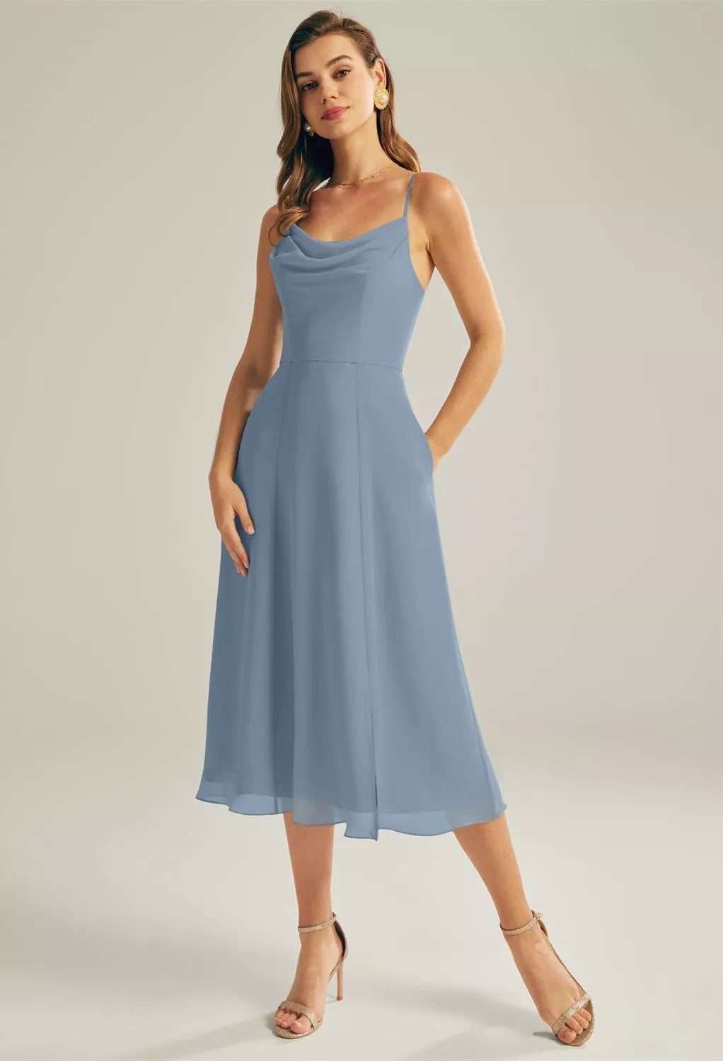 tea length beach wedding guest dresses Ever-Pretty Satin Sleeveless Midi Gold Rainbow Back Style Silk Satin Colors:Moss Green 838
