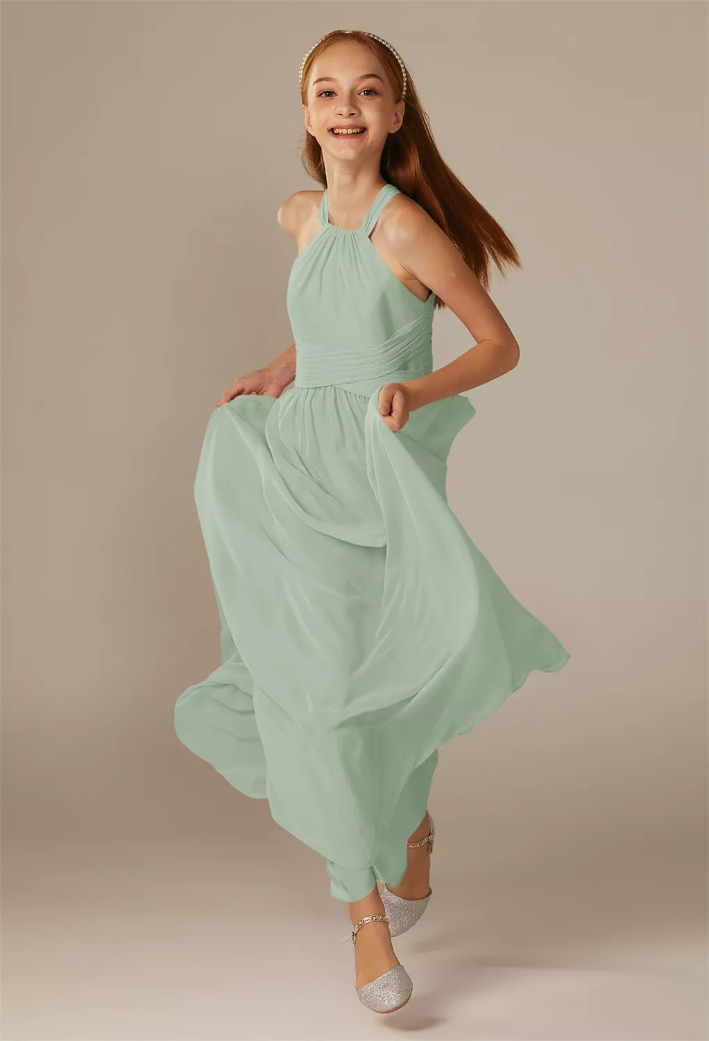 green emerald velvet dress Long Mint Elegant Junior Bridesmaid Dress One Shoulder Chiffon Dress  W/Handmaid Flowers(FL346) – DaisyFormals-Bridesmaid and Formal Dresses in  59+ Colors main image 0