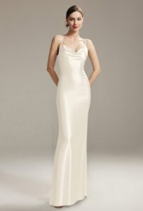 A gorgeous dress that has adjustable spaghetti straps, a deep cowl neckline.