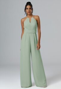 A chiffon jumpsuit styled with a jewel neckline and classic floor-sweeping hemline.