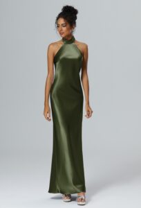 A classy bridesmaid dress has a halter neckline and mermaid silhouette.