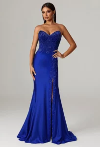 Blue Satin Strapless Maxi Dress